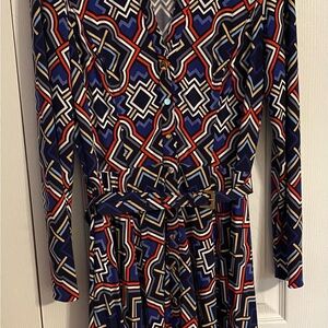 CACHE geometric blue, black, red collared long sleeve dress. Size 10